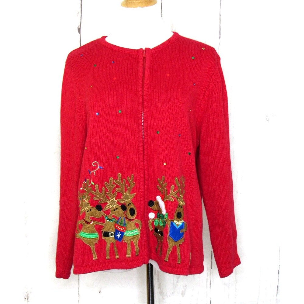 Vtg. Tiara International Christmas Cardigan Sweater Zip Red Reindeer Women's XL